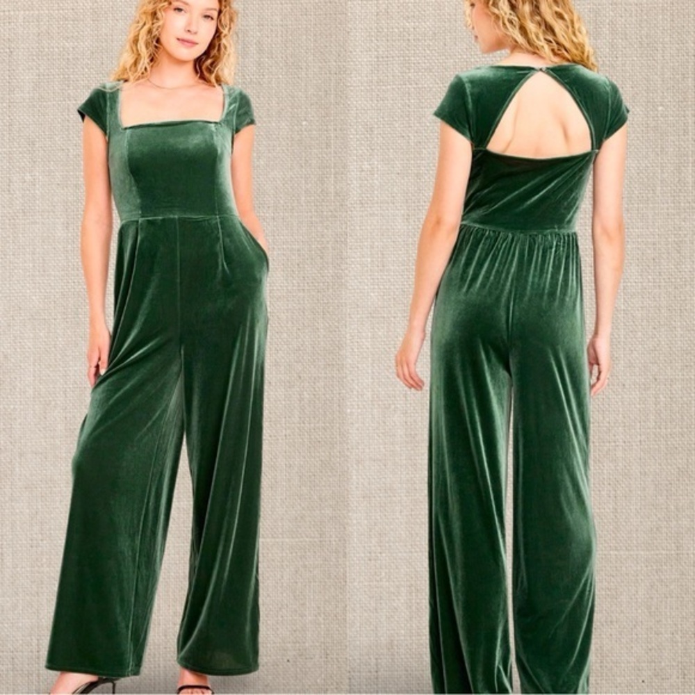OLD NAVY XL HUNTER GREEN VELVET OPEN BACK JUMPSUIT CAPPED SLEEVES WIDE LEGS